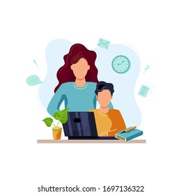 Home learning, activity concept. Mother is helping student to do homework. Vector illustration isolated on white background. Flat cartoon style design.