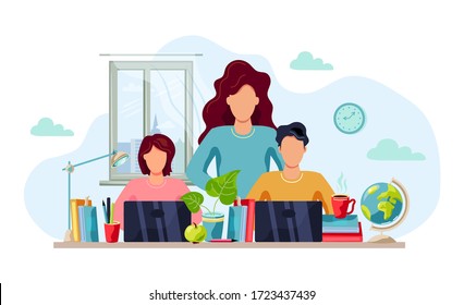 Home learning, home activity concept. Mother is helping students to do homework. Vector illustration isolated on white background. Flat cartoon style design.