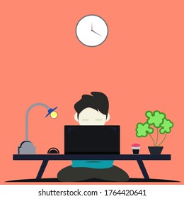 Home learning, home activity concept.  student to do homework. Vector illustration isolated on orange background. Flat cartoon style design.