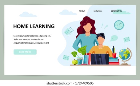 Home learning concept. Mother is helping student to do homework. Place for text. Flat cartoon style design. Vector illustration