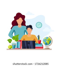 Home learning concept. Mother is helping student to do homework. Flat cartoon style design. Vector illustration