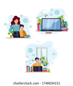 Home learning concept. Mother is helping student to do homework. Student works on laptop at home. Flat cartoon style design. Vector illustration set.