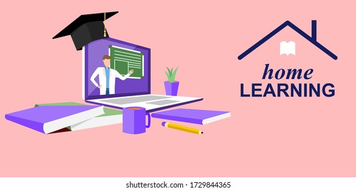Home learning, E-learning, Online education at home, work from home. Vector illustration about learning