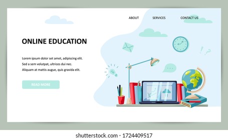 Home learning, online education concept. Backdrop with laptop, lamp, globe, books. Place for text. Flat cartoon style design. Vector illustration.