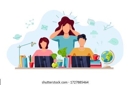 Home Learning, Home Schooling Concept. Mental Health Concept. Mother Is Tired To Help Students Doing Homework. Vector Illustration Isolated On White Background. Flat Cartoon Style Design.