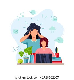 Home learning, home schooling concept. Mental health concept. Mother is tired to help student doing homework. Vector illustration isolated on white background. Flat cartoon style design.