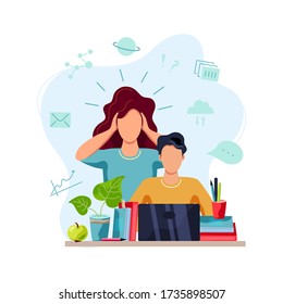 Home learning, home schooling concept. Mental health concept.  Mother is tired to help student doing homework. Vector illustration isolated on white background. Flat cartoon style design.