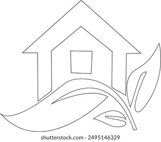 Home with leaves line art ecological concept