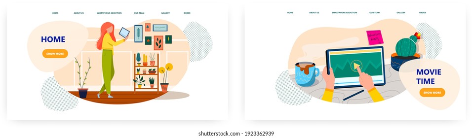 Home leisure activities landing page design, website banner vector template set. Living room decoration, watching movie.