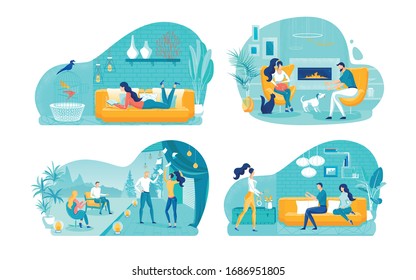 Home Leisure Activities Vector Illustrations Set. Young People having Fun Together Cartoon Characters. Domestic Rest, Hobbies Pack, Book Reading, Playing with Pets. Theatrical Rehearsal and Magic Show