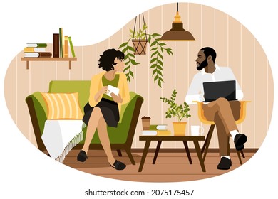 Home leisure activity flat vector illustration. Cartoon happy young multiracial couple characters sit in armchairs in home living room interior, read e-book and surf the net, actively use laptop.