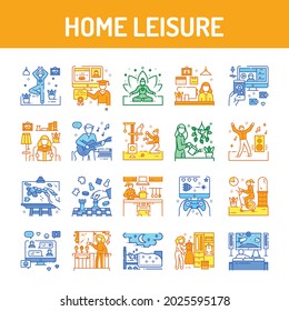 Home leisure color line icon. Homework and hobby: Dancing, Cleaning, Cooking, Yoga, E-learning. Vector isolated illustration. Editable stroke.