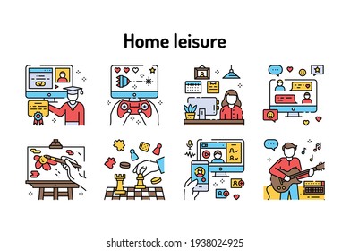 Home leisure color line icons. Homework and hobby: Cleaning, Cooking, Yoga, Sport. Vector isolated illustration. Editable stroke