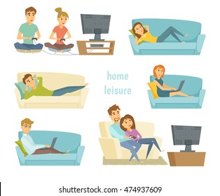 Home leisure. Couple watching tv. Man work at home and women shopping online on sofa with laptop. Friends playing video games. People lying and relax.  Young people leisure time