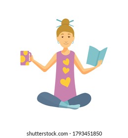 Home leisure. Girl with coffe and book. Young