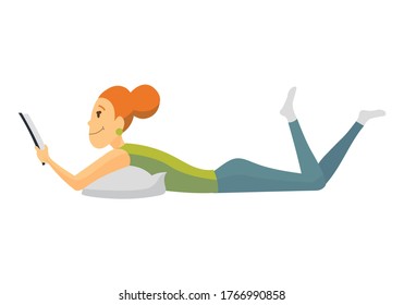 Home leisure. Girl lying and reading book. Young