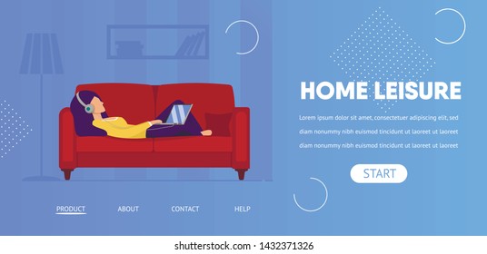 Home Leisure Horizontal Banner. Young Woman Lying On Couch With Laptop And Listening Music In Headphones. Weekend Spare Time Activity, Vacation, Lazy Girl Relaxing. Cartoon Flat Vector Illustration