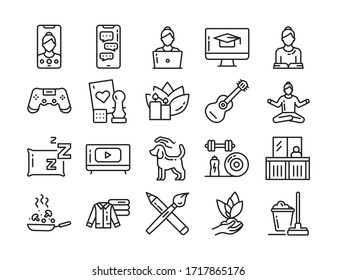 Home leisure line black icons set. Homework: Cleaning, Cooking, Yoga. Isolated vector element. 