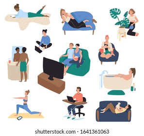 Home leisure, people resting on couch after work, vector illustration. Men and women spending time at home, reading books, watching tv, relaxing. Set of hand drawn cartoon characters, weekend leisure