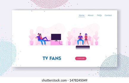 Home Leisure Spare Time Website Landing Page. Young Family Couple Sitting on Sofa Playing Computer Games and Watching Tv. People Spending Free Time Web Page Banner. Cartoon Flat Vector Illustration