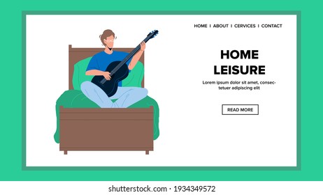 Home Leisure Time And Playing On Guitar Vector. Man Sitting On Bed Play On Musician Acoustic Instrument, Home Leisure Activity. Character Boy Artist Skill Web Flat Cartoon Illustration