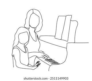 Home lessons and learning with parents concept,  isolated on white background. Leisure Time. One continuous line drawing woman teaches music and playing musical instruments to a child. 