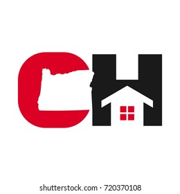 home with letter CH vector logo. oregon map.
