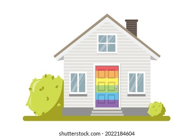 Home With LGBT Rainbow Flag On The Door. Vector Isolated On White Background