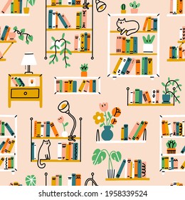 Home library aesthetic, different shelves and racks, house pants, and a few cats, vector seamless pattern