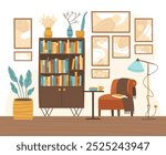 Home library with bookcase and reading chair. Place for spending quiet time and reading books. Armchair, coffee table, bookcase, floor lamp, flowers. Flat vector illustration.