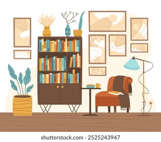 Home library with bookcase and reading chair. Place for spending quiet time and reading books. Armchair, coffee table, bookcase, floor lamp, flowers. Flat vector illustration.