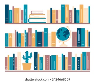 Home library. Bookshelves with globe and cactus. Stack of books and literature. Office interior. Prickly house plant. Planet Earth. Reading, learning. Flat design. Color image. Vector illustration