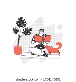 Home library. The concept of reading paper literature. Young adult man having a rest with good book. Boy enjoying himself at home. Vector illustration