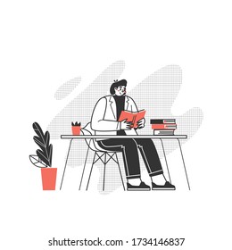 Home library. The concept of reading paper literature. Young adult man having a rest with good book. Boy enjoying himself at home. Vector illustration
