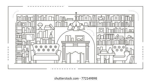 Home Library Design in Thin Line Style. Collection includes sofa, bookshelves, floor lamp, chandelier, armchair and fireplace. Flat vector illustration. 