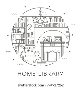 Home Library Design in Thin Line Style. Collection includes armchair, bookshelves, floor lamp, chandelier and fireplace. Flat vector illustration. 
