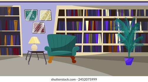 Ilustración vectorial plana de Biblioteca doméstica. Biblioteca con estanterías con muchos libros, sillón, mesa con lámpara y maceta. Hobby, lectura, concepto de educación