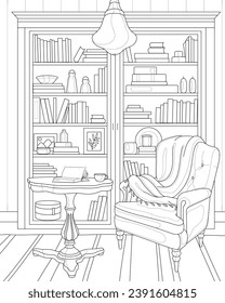 Home library interior. Armchair, table, bookcase, books, decor. Black and white image. Coloring.