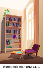 Home Library Interior Concept With Furniture: Bookcase, Chair And Table.