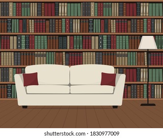 Home Library Interior. There Is A White Sofa And Floor Lamp Against The Backdrop Of Bookshelves. Old Books On The Shelves. Vector Flat Illustration.