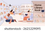 Home library nook cozy reading space people relaxing bookshelves modern interior plants armchairs pastel colors website banner
