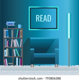 Home library with sofa and books