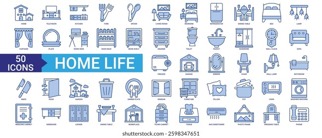 Home life icon collection set. Containing bedroom, kitchen, living room, bathroom, toilet, chair, wardrobe, sofa, television and lamp icon. Simple blue vector.