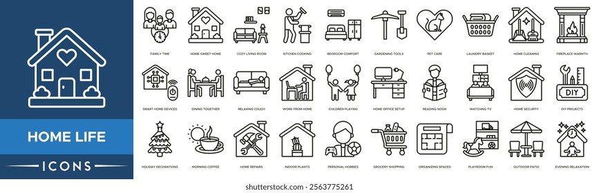 Home Life icon. Family Time, Home Sweet Home, Cozy Living Room, Kitchen Cooking and Bedroom Comfort