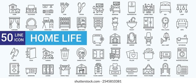 Home life icon set with bedroom, kitchen, living room, bathroom, toilet, chair, wardrobe, sofa, television and lamp