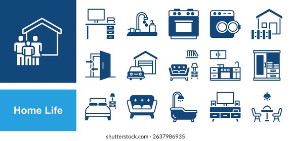 Home life icon set with bedroom, kitchen, living room, bathroom, dining table, chair, wardrobe, sofa, led tv and stove.
