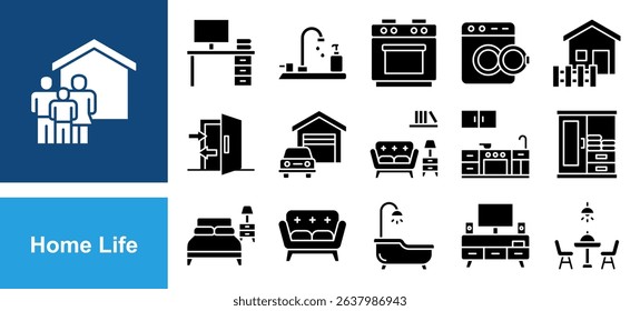 Home life icon set with bedroom, kitchen, living room, bathroom, dining table, chair, wardrobe, sofa, led tv and stove.