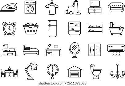 Home Life Icon Set – Editable Stroke Outline Collection