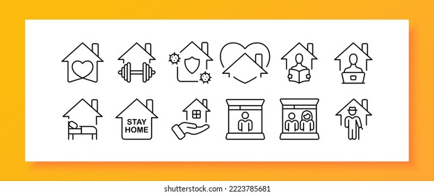 Home Life Set Icon. Heart, Sport, House, Gym, Home Workouts, Distance Learning, Remote Work, Family, Virus, Quarantine, Lockdown, Self Isolation, Laptop, Newspaper, Stay Home. Domesticity Concept