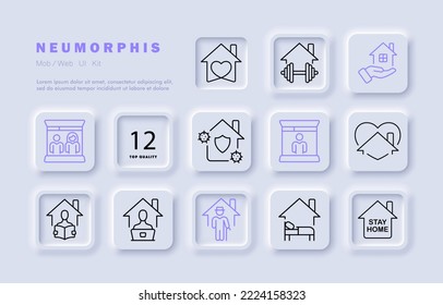 Home Life Set Icon. Heart, Sport, House, Gym, Home Workouts, Distance Learning, Remote Work, Family, Virus, Quarantine, Lockdown, Self Isolation, Laptop, Newspaper. Domesticity Concept. Neomorphism